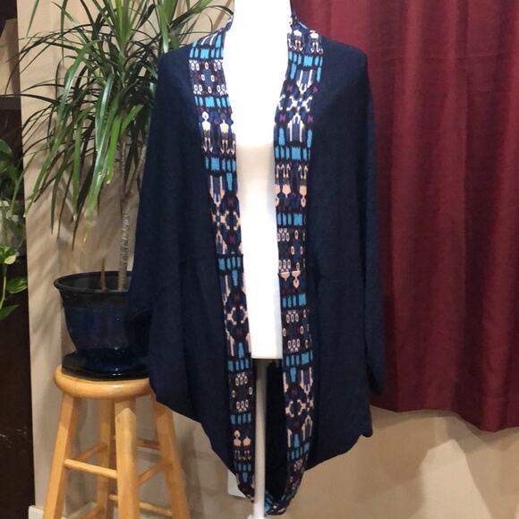 Alya Navy Blue Geometric Trim Circle  Cardigan Shrug Sweater Size Large - Picture 1 of 8